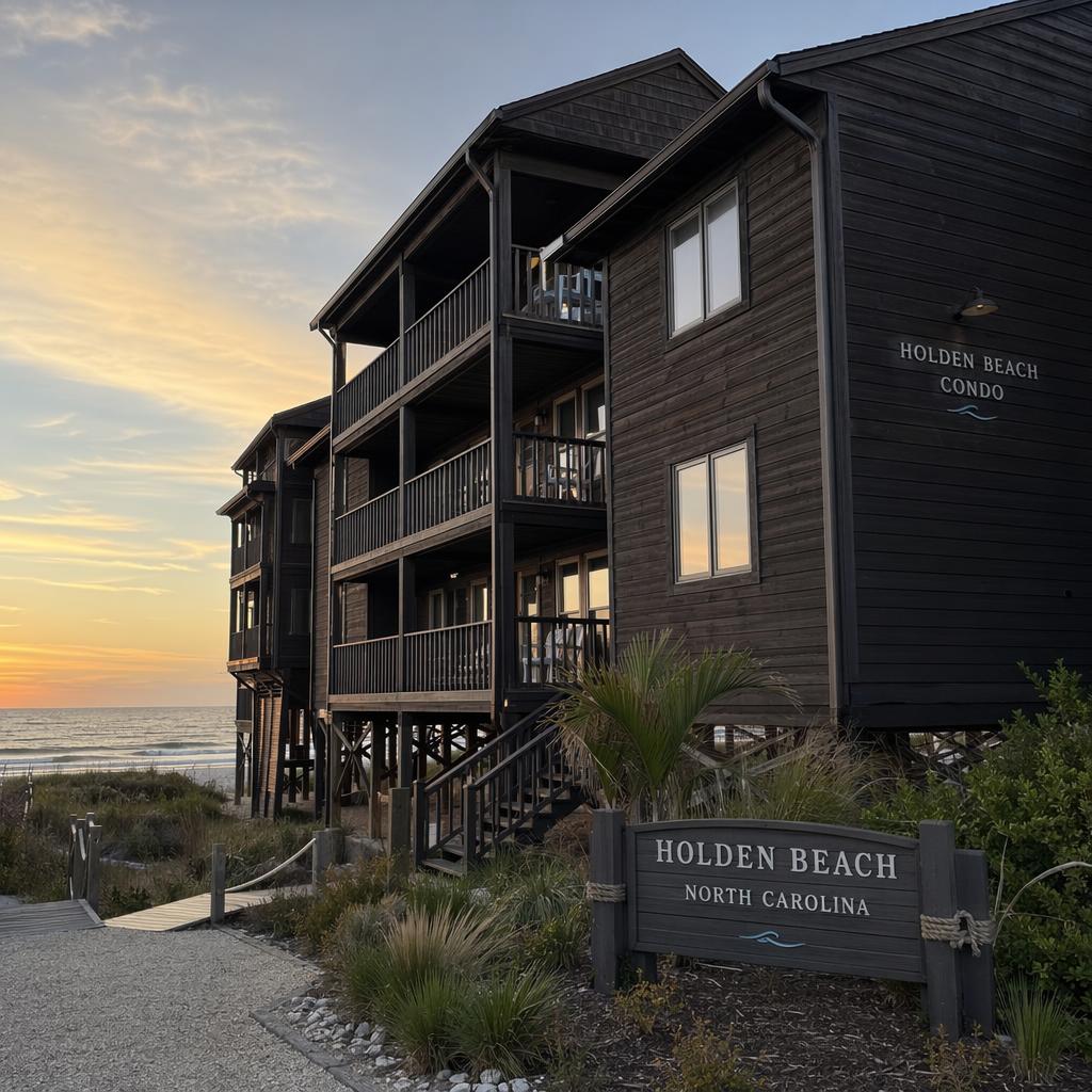 Beach Condo Rentals - Book direct. Skip the fees. Exterior of a dark wooden, multi-story condo complex on stilts by the beach at sunset, with a Holden Beach North Carolina sign in the foreground.