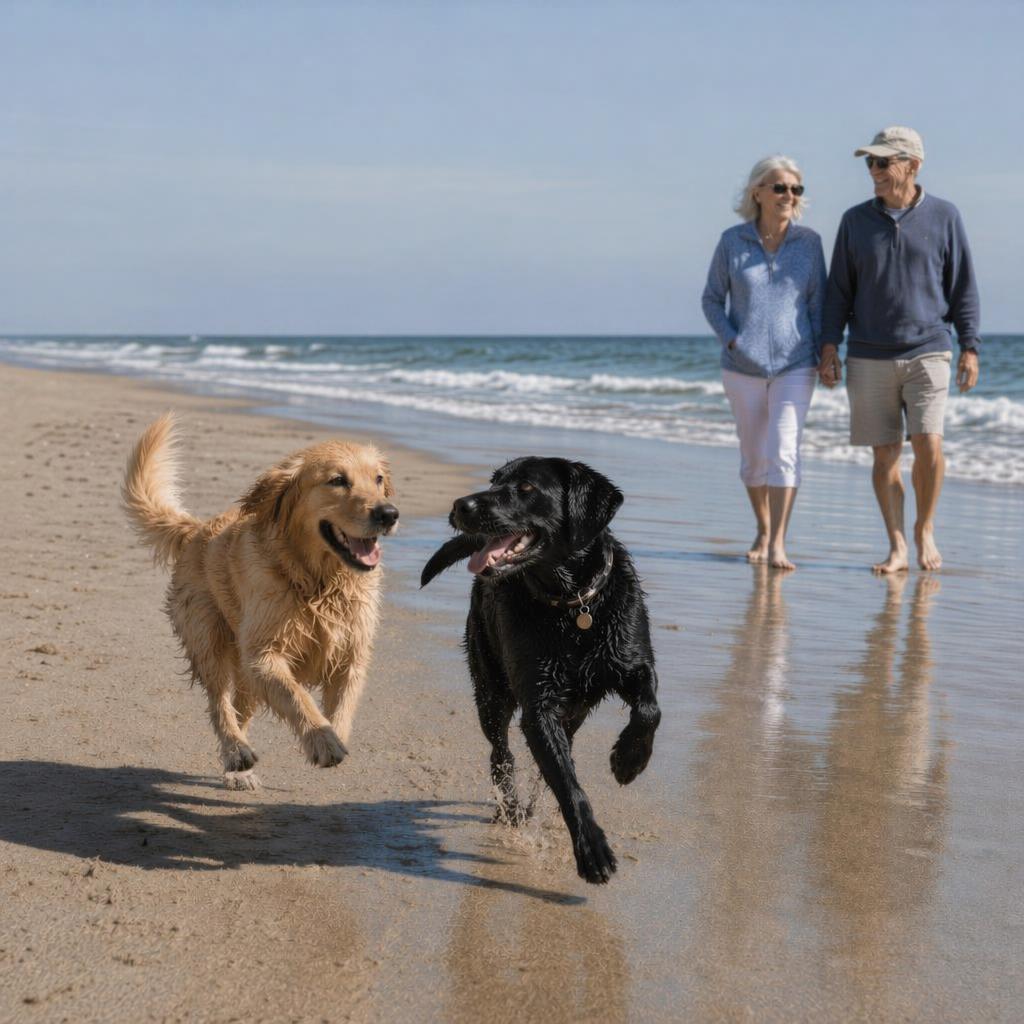 Dogs on Holden Beach - Book direct. Skip the fees. Golden and black dogs sprint along the wet sand as an elderly couple walks hand in hand in the background by the ocean.