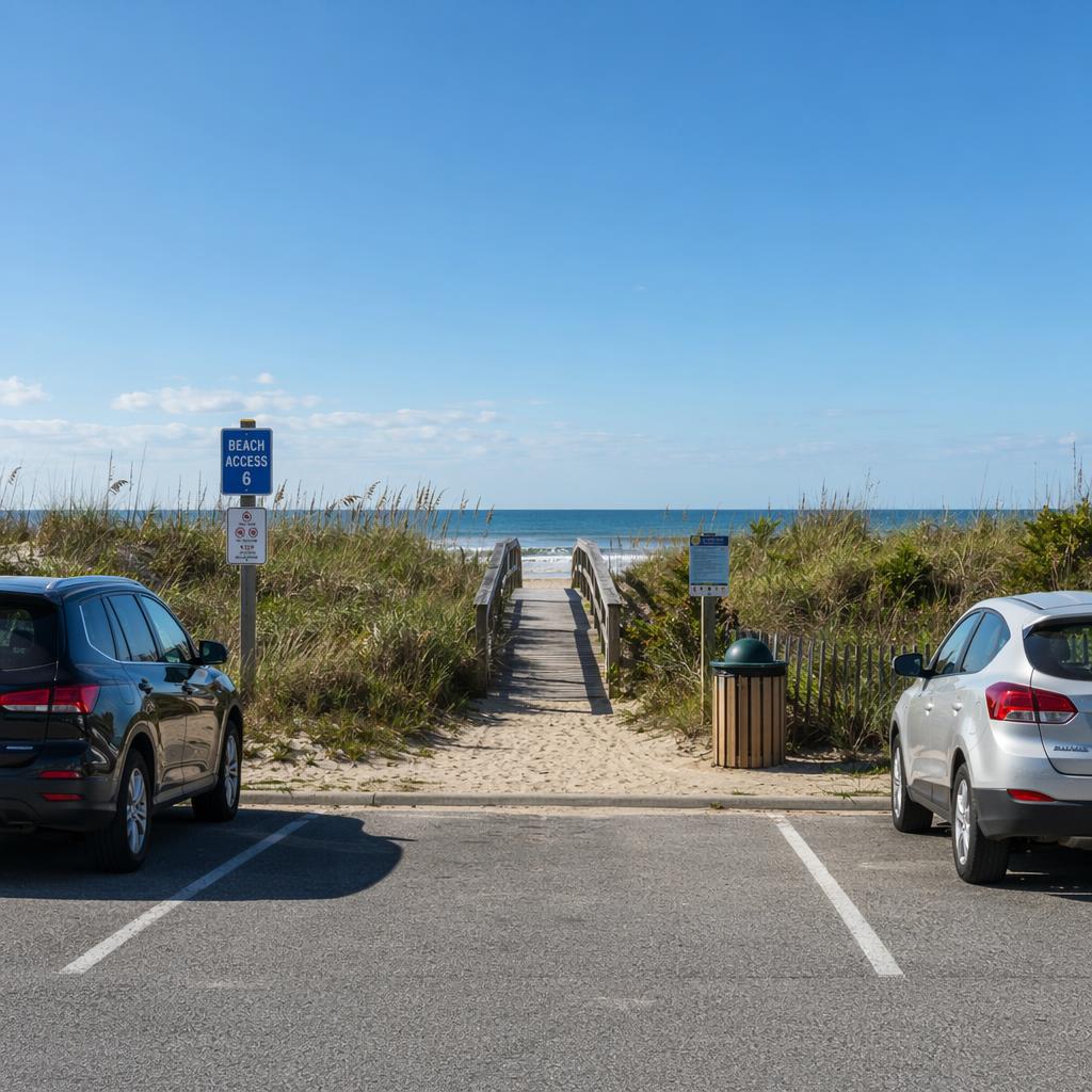 Holden Beach - Beach Access3 - Book direct. Skip the fees. Parking lot framing a sandy path to the beach with a wooden boardwalk and the ocean in the distance; signs indicate beach access.