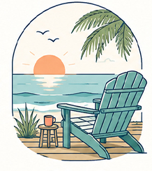 Holden Beach Coastal Lifestyle - Book direct. Skip the fees. Beachy sunset seating scene: teal Adirondack chair on a wooden deck, a mug on a small stool, palm fronds and calm ocean in view.