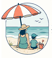 Holden Beach Family Friendly - Book direct. Skip the fees. Adult and child sit on a sandy beach under a striped umbrella, facing the ocean with seagulls above.