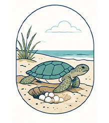Holden Beach Seaturtle - Book direct. Skip the fees. Sea turtle on a sandy beach near a nest of white eggs with the ocean and a cloudy sky in the background.