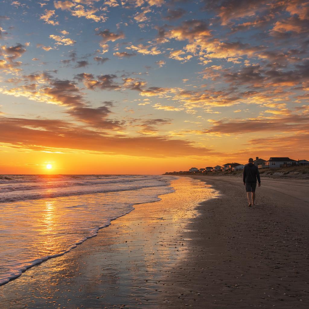 Holden Beach Sunset - Book direct. Skip the fees. Person walking barefoot along a sunset-lit beach with waves lapping the shore and coastal houses in the distance.