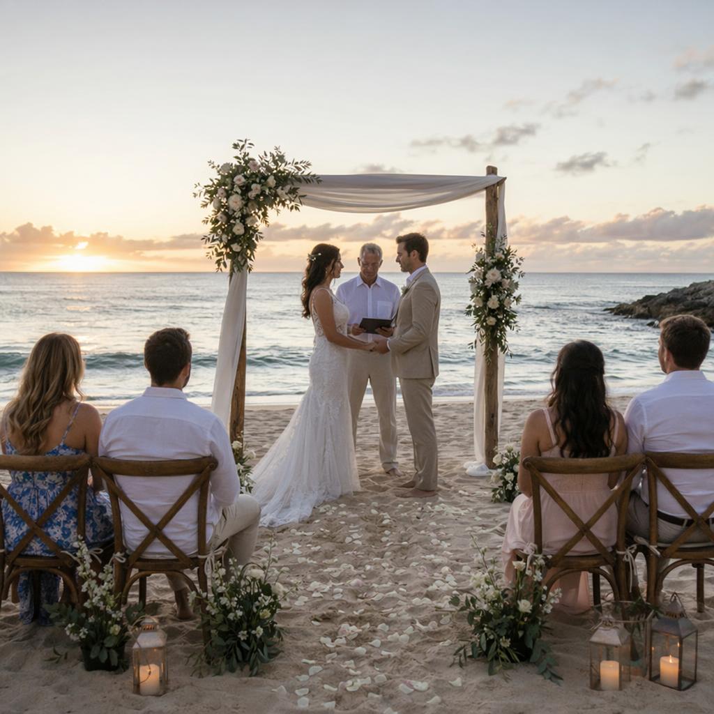 Holden Beach Wedding - Book direct. Skip the fees. Bride and groom exchange vows under a floral beach arch at sunset, with an officiant and seated guests on the sand.