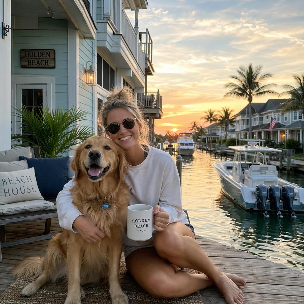 Holden Beach on a canal - Book direct. Skip the fees. Smiling woman in sunglasses sits with a Golden Retriever on a wooden dock at Holden Beach, NC, sunset over a canal with boats; mug reads 'Holden Beach NC'.