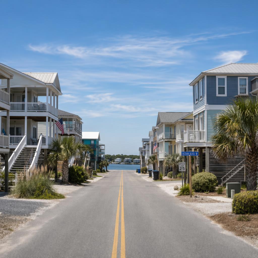 Home rental at Holden Beach - Book direct. Skip the fees. Coastal street lined with pastel beach houses on stilts, palm trees, and a clear blue sky leading to the water.