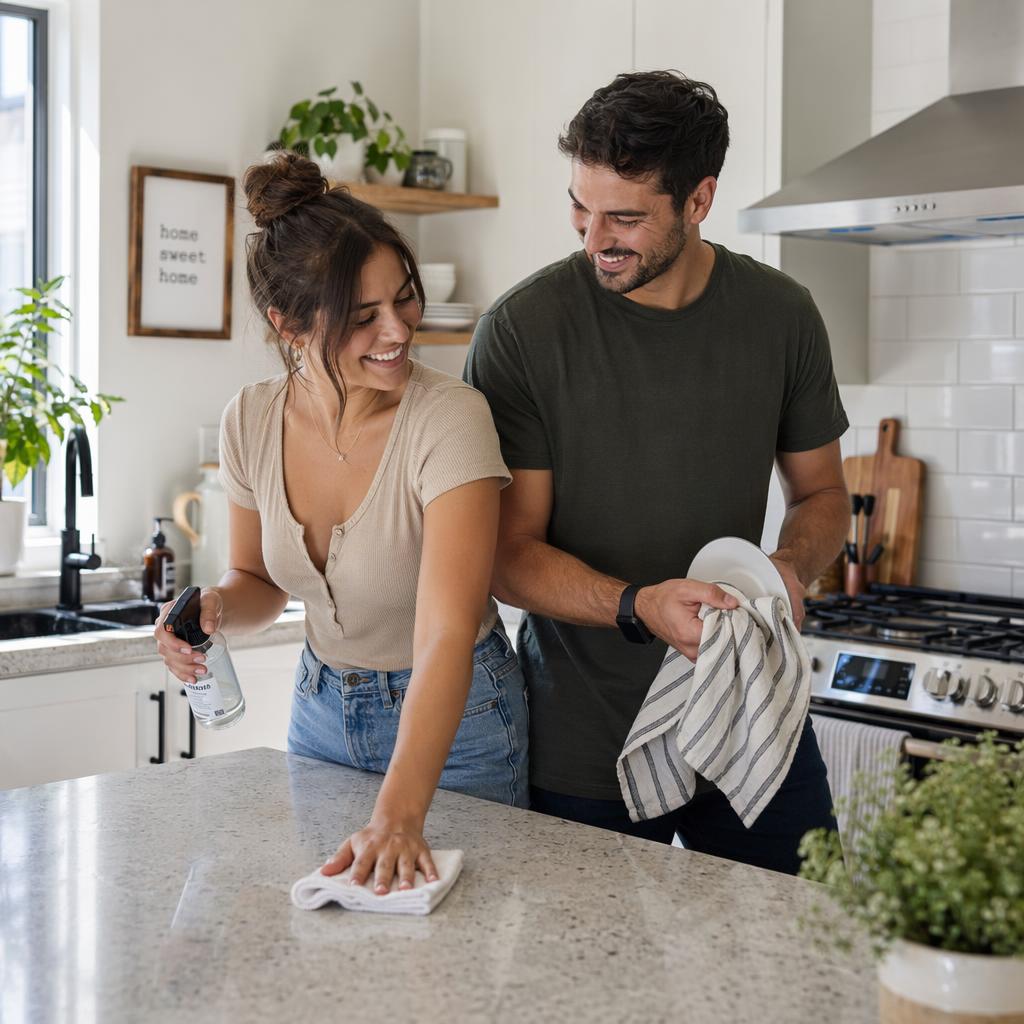 House Rules and Regulations - Book direct. Skip the fees. A smiling couple cleans a bright kitchen: the woman sprays a cleaner while wiping the counter, the man dries a plate with a striped towel beside her.