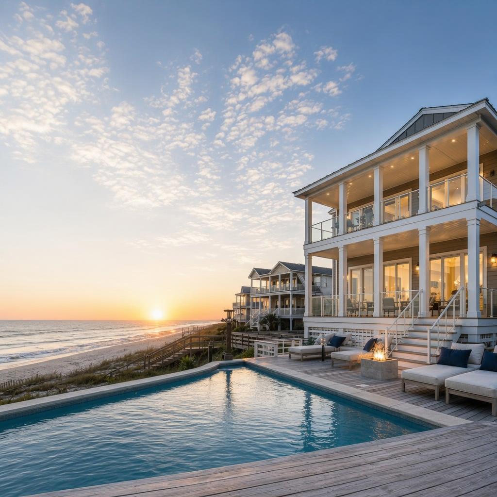 Luxury vacation rental Holedn beach - Book direct. Skip the fees. Coastal luxury homes with a pool deck overlooking the beach at sunset, glass railings and warm lighting.
