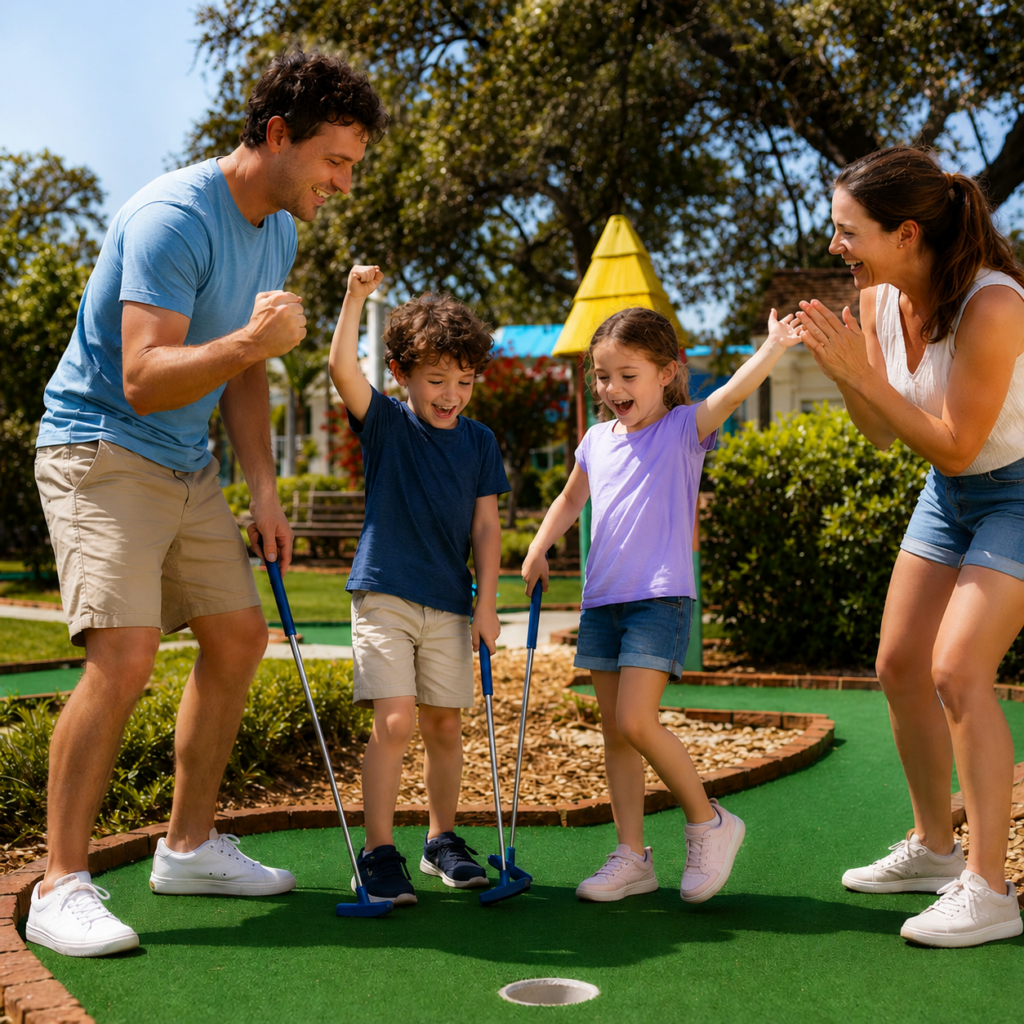 Putt Putt at holdne beach - Book direct. Skip the fees. Family enjoying a sunny day playing mini-golf together; two kids use putters while parents cheer them on.