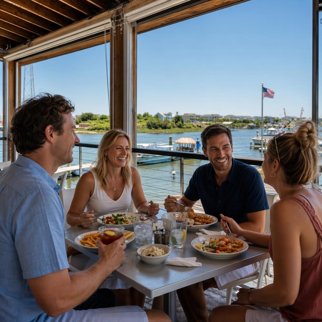 Restaurants at Holden Beach - Book direct. Skip the fees. Four adults enjoy a seaside outdoor meal on a balcony, chatting and smiling with plates of food in front of them.
