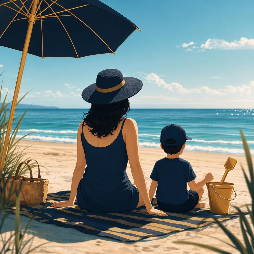 family at holden beach - Book direct. Skip the fees. Woman and child sit on a striped blanket at the sunny beach, facing the ocean under a large blue umbrella.
