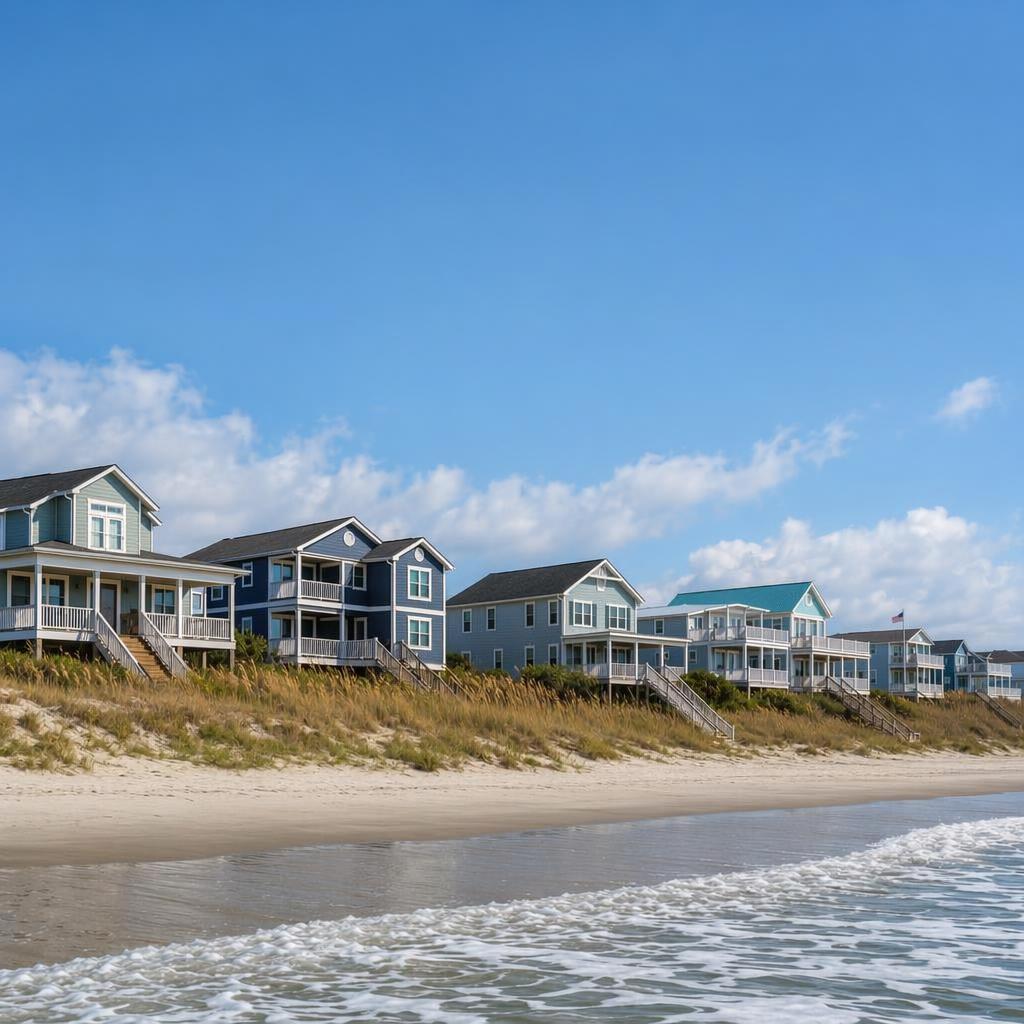 holden beach ocen front homes - Book direct. Skip the fees. Row of colorful coastal beach houses on stilts along the sandy shore with gentle surf.